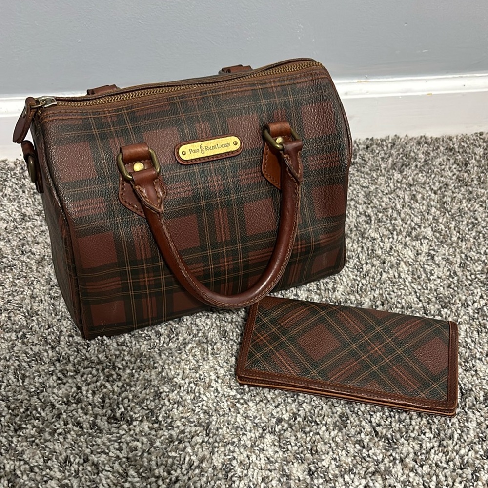 Vintage Ralph Lauren Plaid Boston Handbag and Wallet Set
